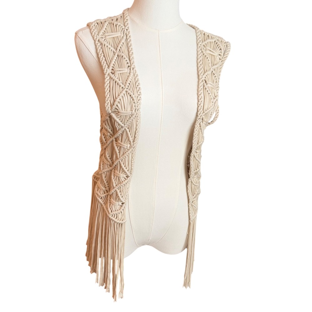 Festival Macrame Fringe Vest Cream Beige Boho Open Knit Sleeveless